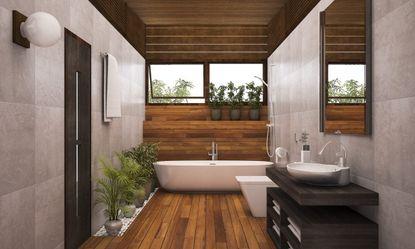 Potted plants infuse life and freshness into ‍your ⁢wooden ⁤bathroom