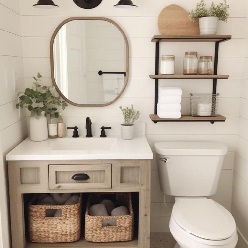 Farmhouse​ chic bathroom‌ blending rustic elements with modern touches