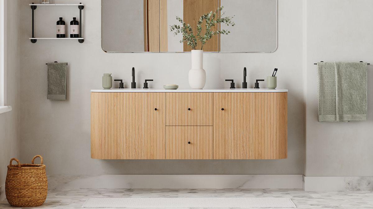 Embrace asymmetry in your fixtures for a relaxed eclectic bathroom vibe