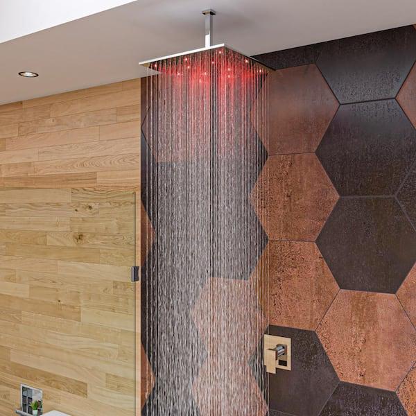 Integrate a rainfall ​showerhead for a soothing wooden bathroom ​escape