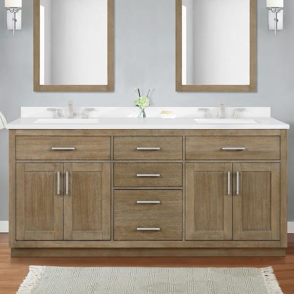 Integrate a wooden vanity with double sinks for functionality