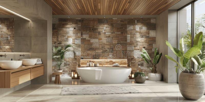 Incorporate natural stone alongside your wooden bathroom elements