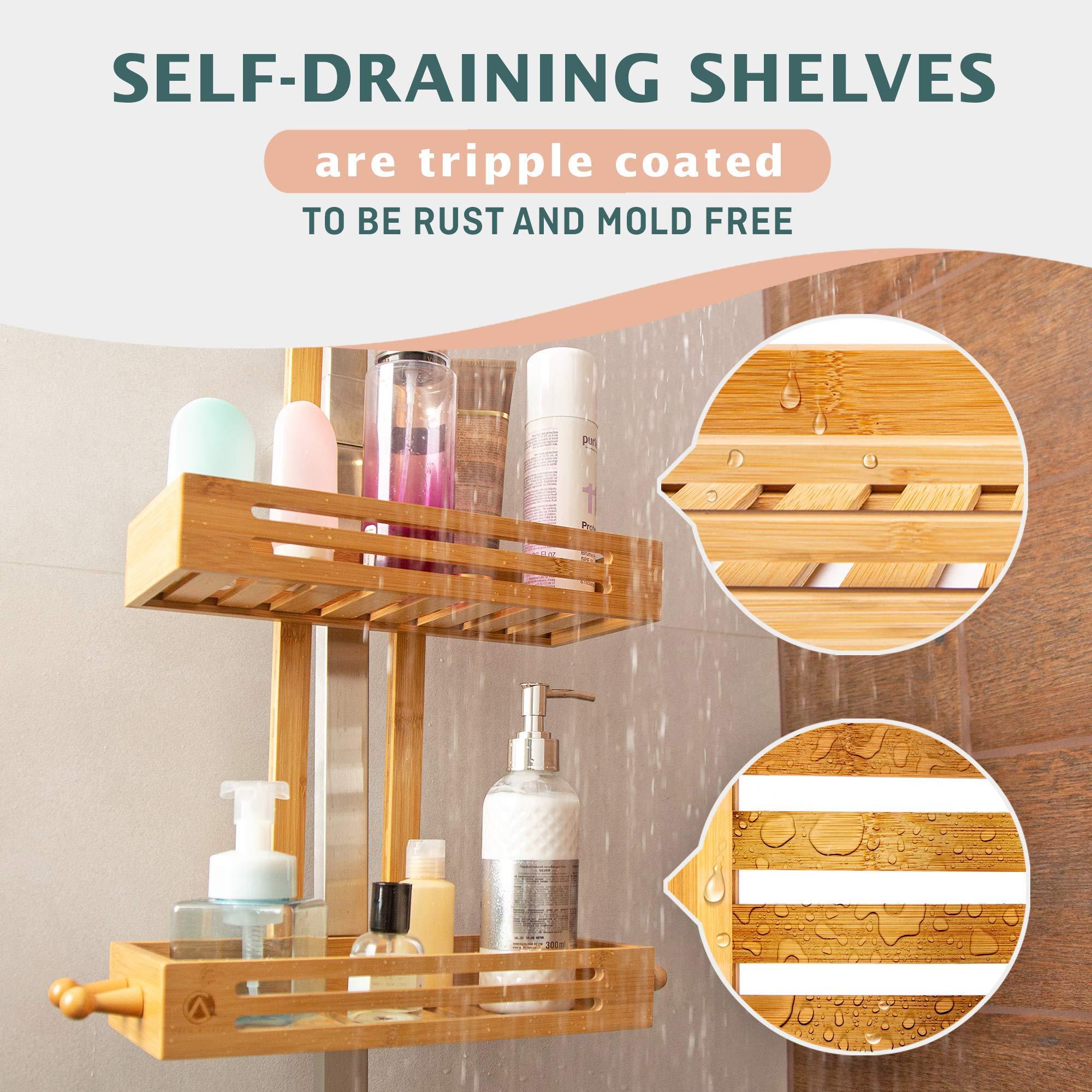 Wooden shower organizers keep your wooden bathroom clutter-free