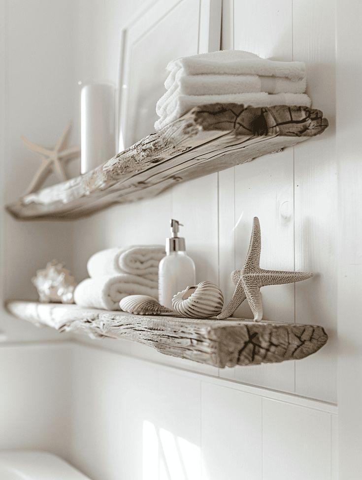 Use driftwood elements for a beachy vibe in your boho bathroom