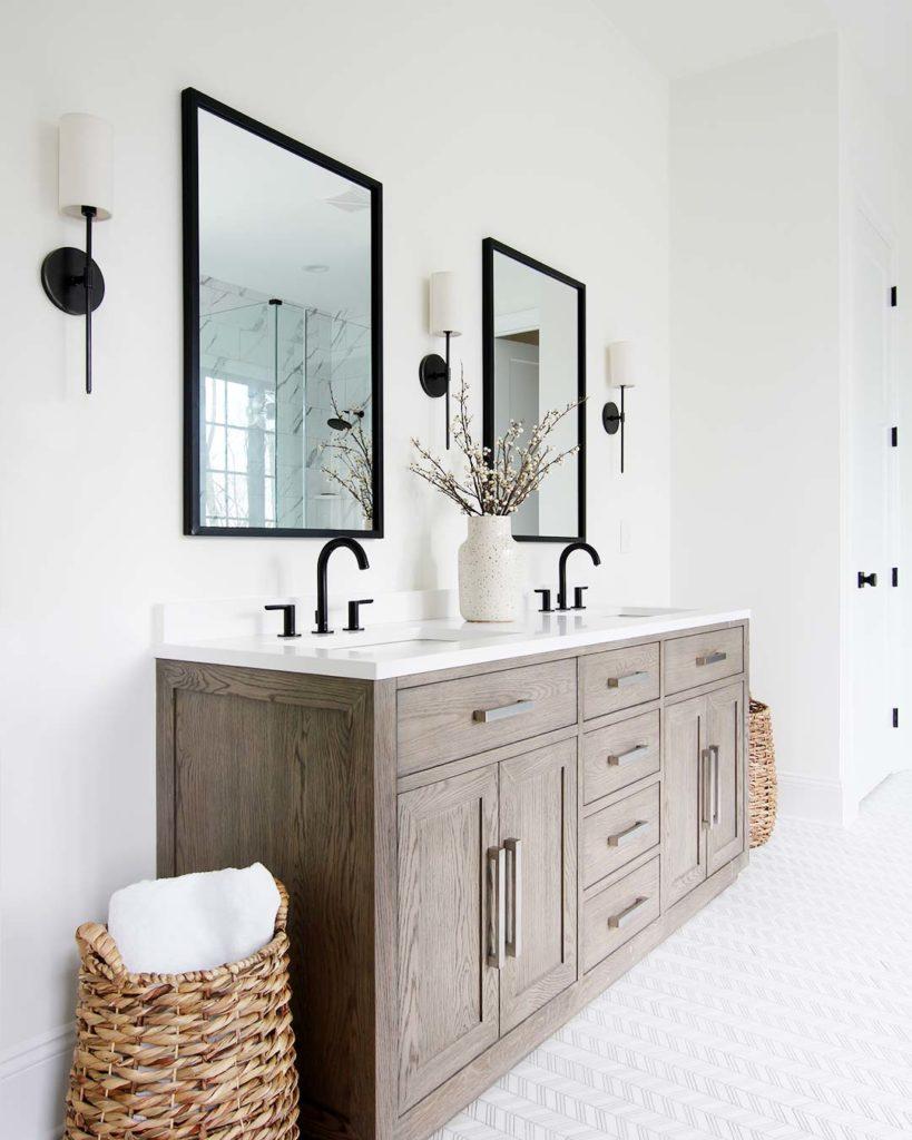 Use wood finishes for faucets and fixtures in your wooden bathroom