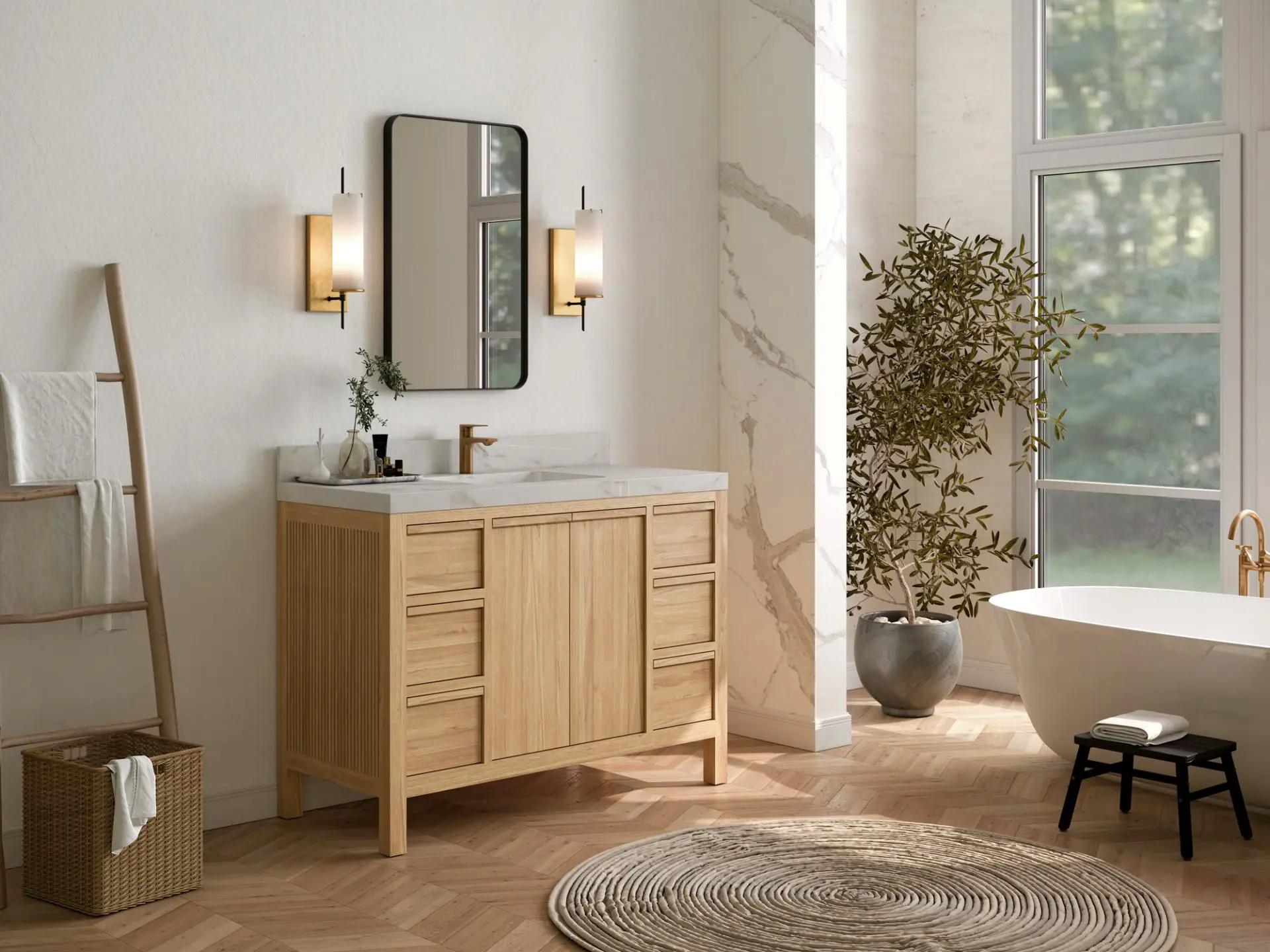 Choose natural wood tones for a calming effect in your wooden bathroom