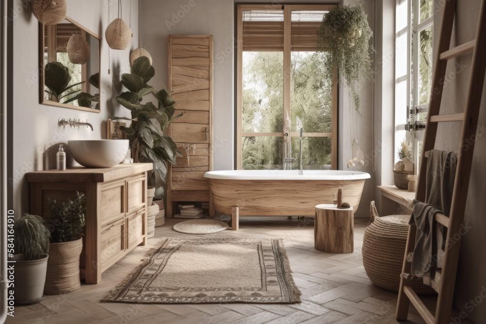 Incorporate natural wood elements for a warm boho bathroom atmosphere