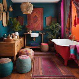 Choose vibrant textiles, like towels and rugs, to inject color into your eclectic bathroom