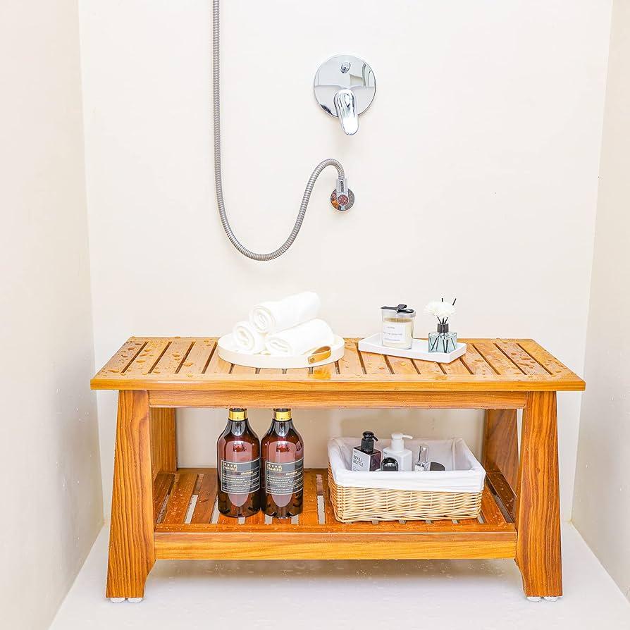 Install a wooden bench for seating in your wooden bathroom