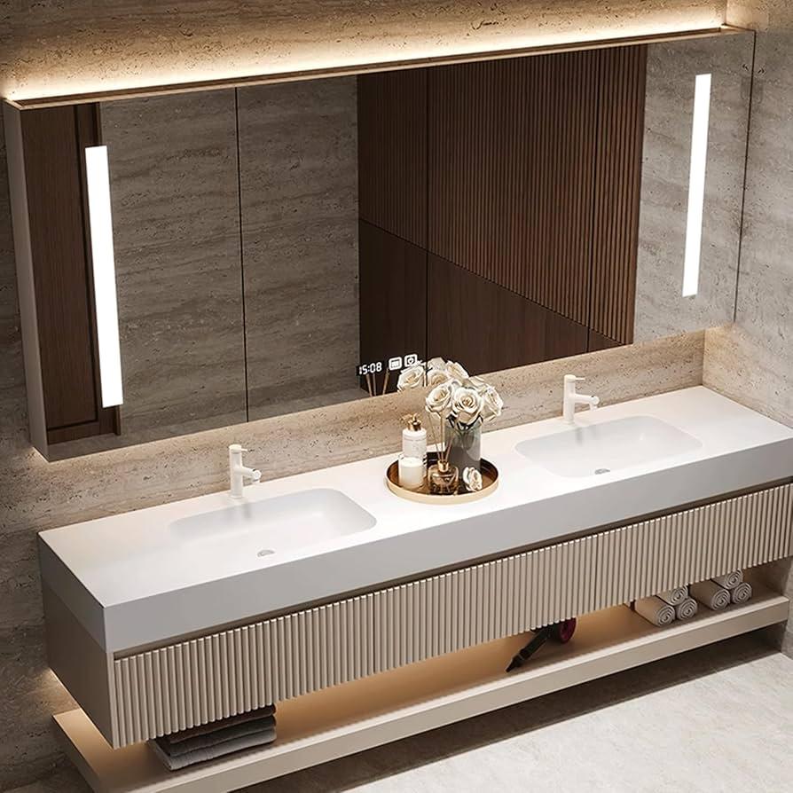 Install dual vanities for elegance in a modern bathroom layout