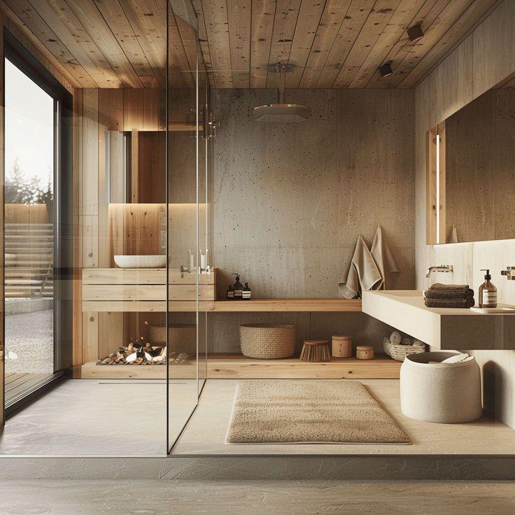 Design a sauna-style wooden bathroom for a spa-like retreat