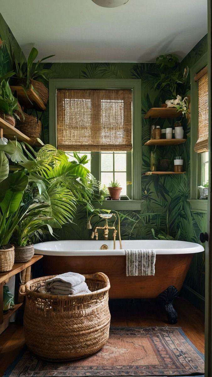 Lush greenery invites tranquility into your boho bathroom space