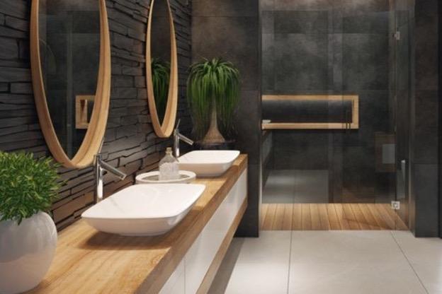 Integrate natural stone alongside wood for ​stunning contrast in your bathroom