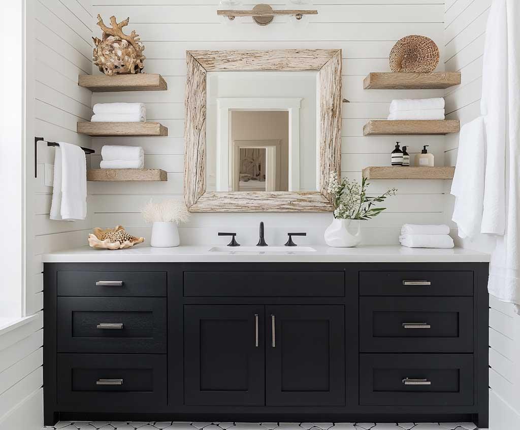 Driftwood accents​ lend ⁢rustic charm and a ‍coastal vibe in your boho ‍bathroom