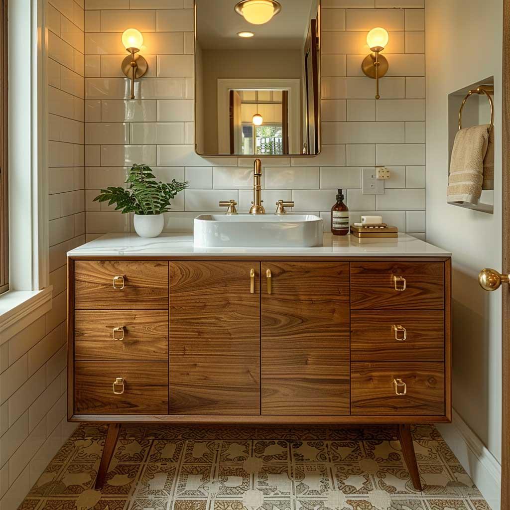 A wooden bathroom bench adds functional elegance to your space