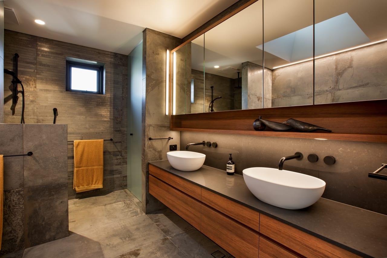 Design a spa-like wooden bathroom with soothing colors