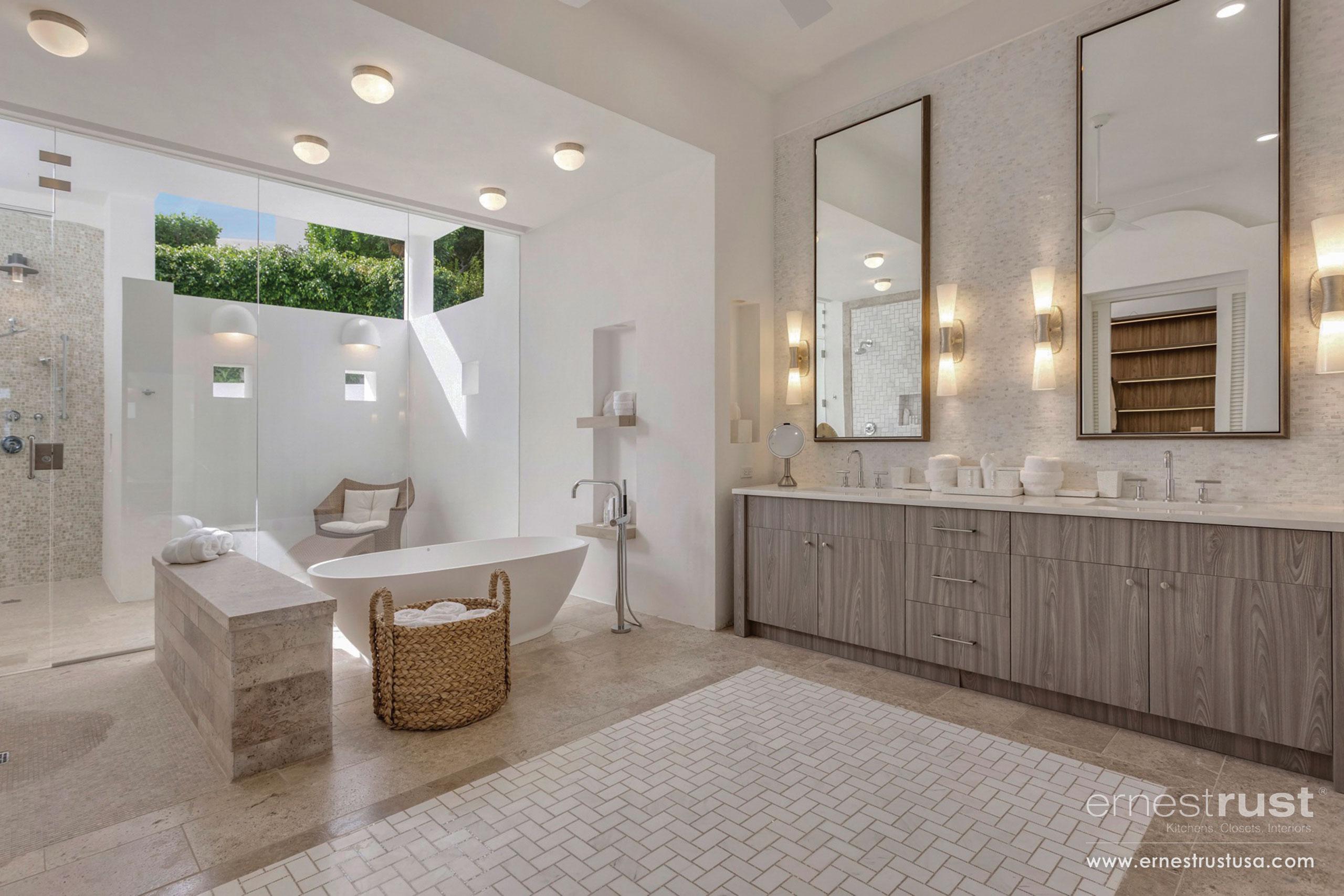 Blend different styles of cabinetry for a curated look in your eclectic bathroom