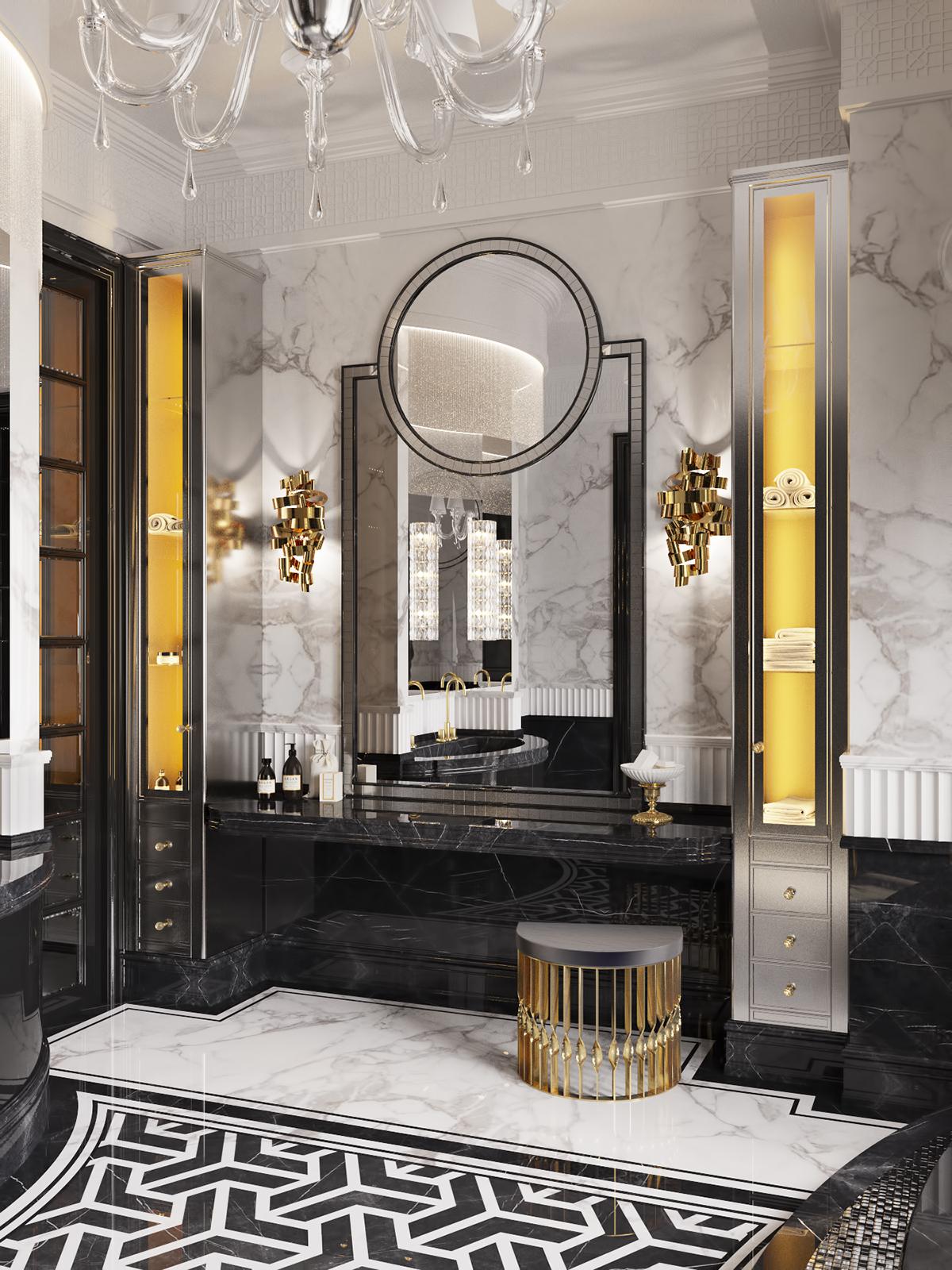 Art ⁢Deco Elegance: Luxuriate⁣ in geometric‌ designs and bold ‍colors in ⁣your bathroom