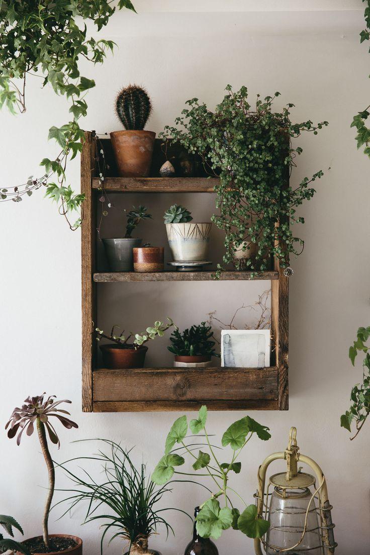 Use warm wooden shelves to display plants ⁢and décor