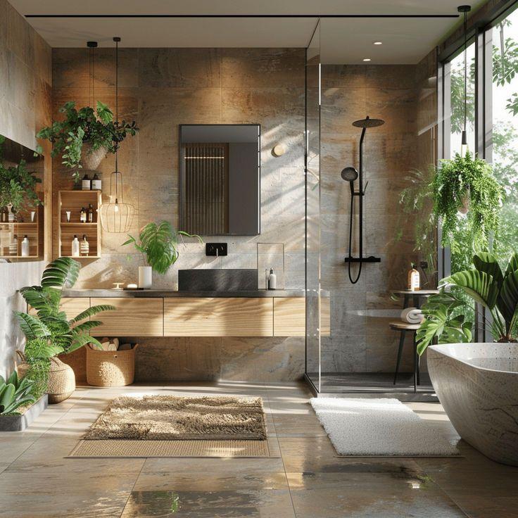 Embrace earthy tones to complement your wooden ​bathroom aesthetic