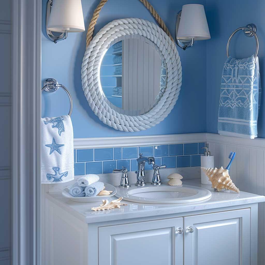 Coastal bathroom featuring shades of blue and sandy hues