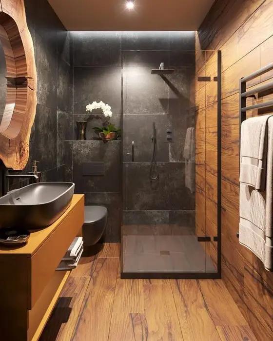 Combine textures ⁢like⁤ stone and wood for a⁤ contemporary modern ​bathroom