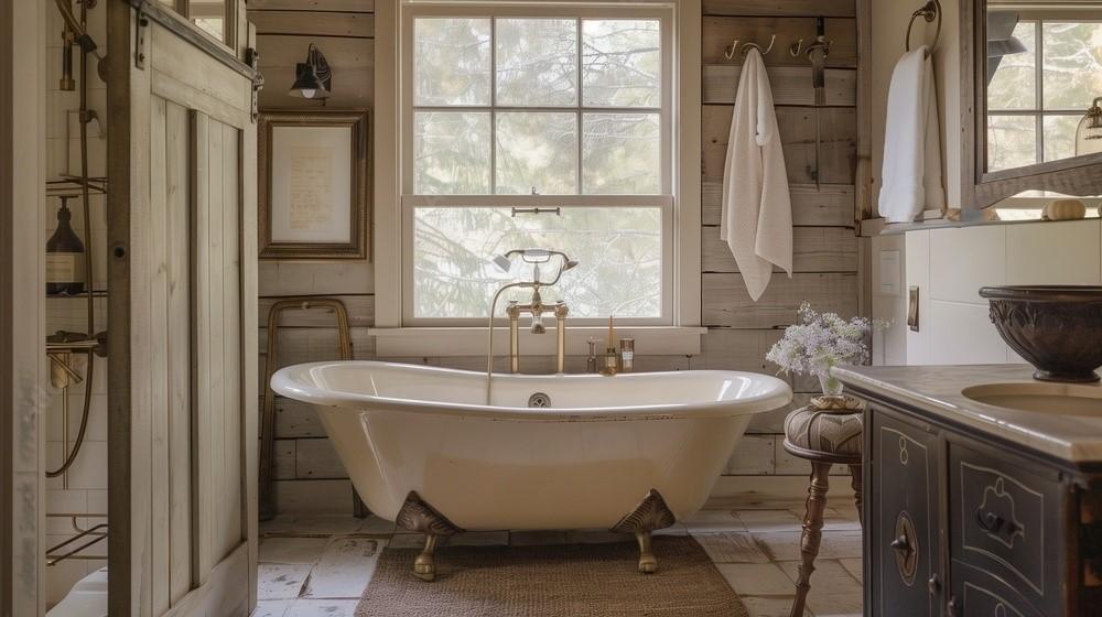 Opt for wooden bathroom shelves to display toiletries ‌beautifully