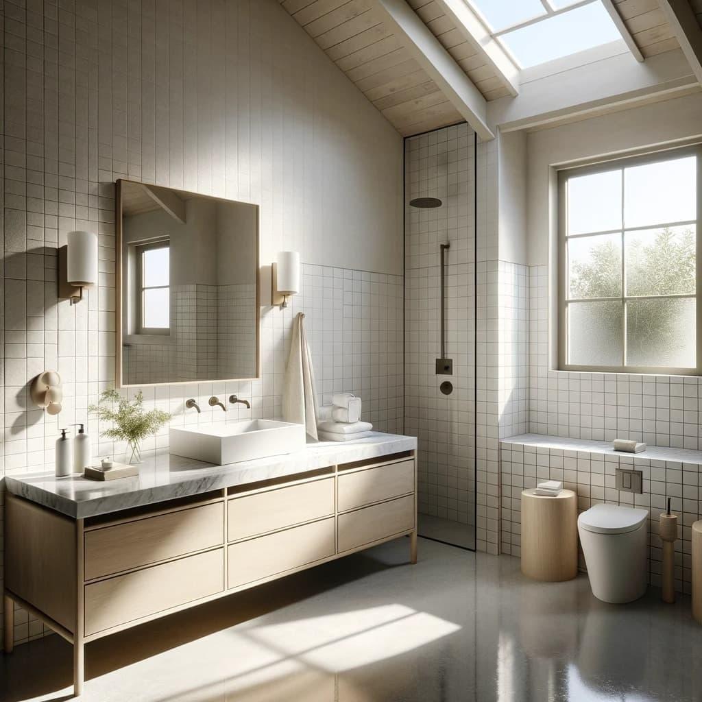 Create a minimalist layout for a​ serene modern bathroom environment