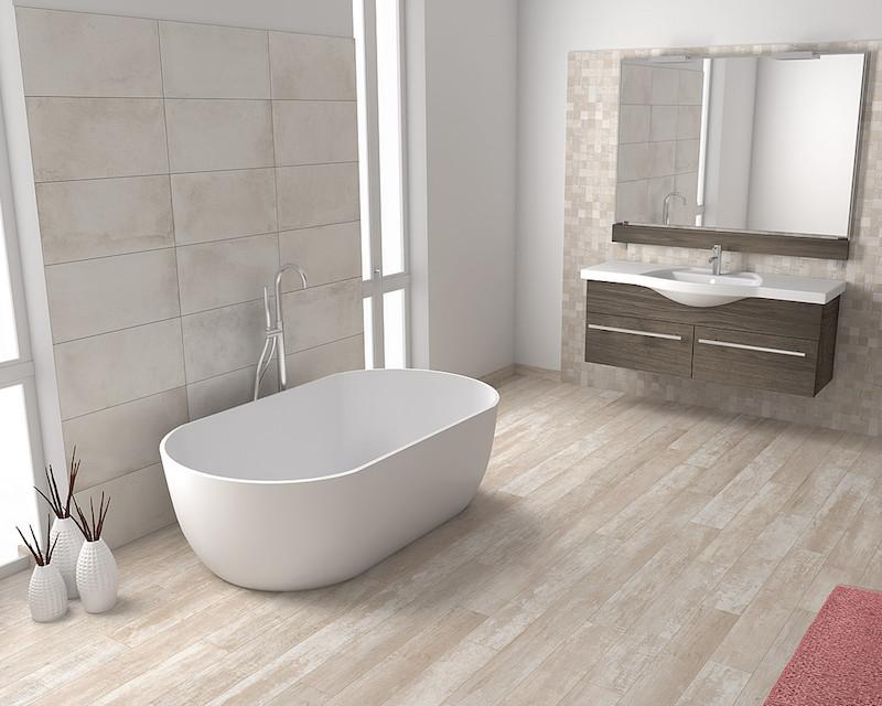 Experiment with wooden bathroom tiles for a distinctive look