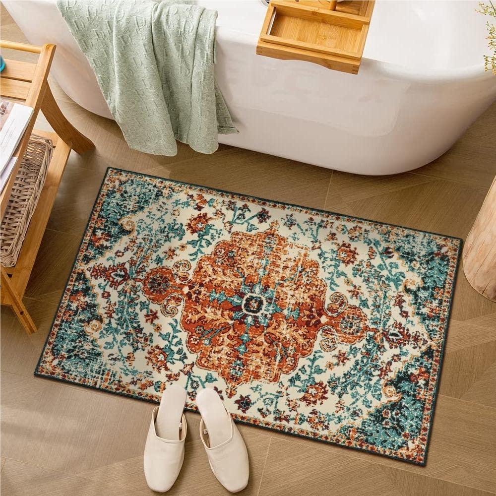 Use a vintage rug to add character and warmth to your boho​ bathroom