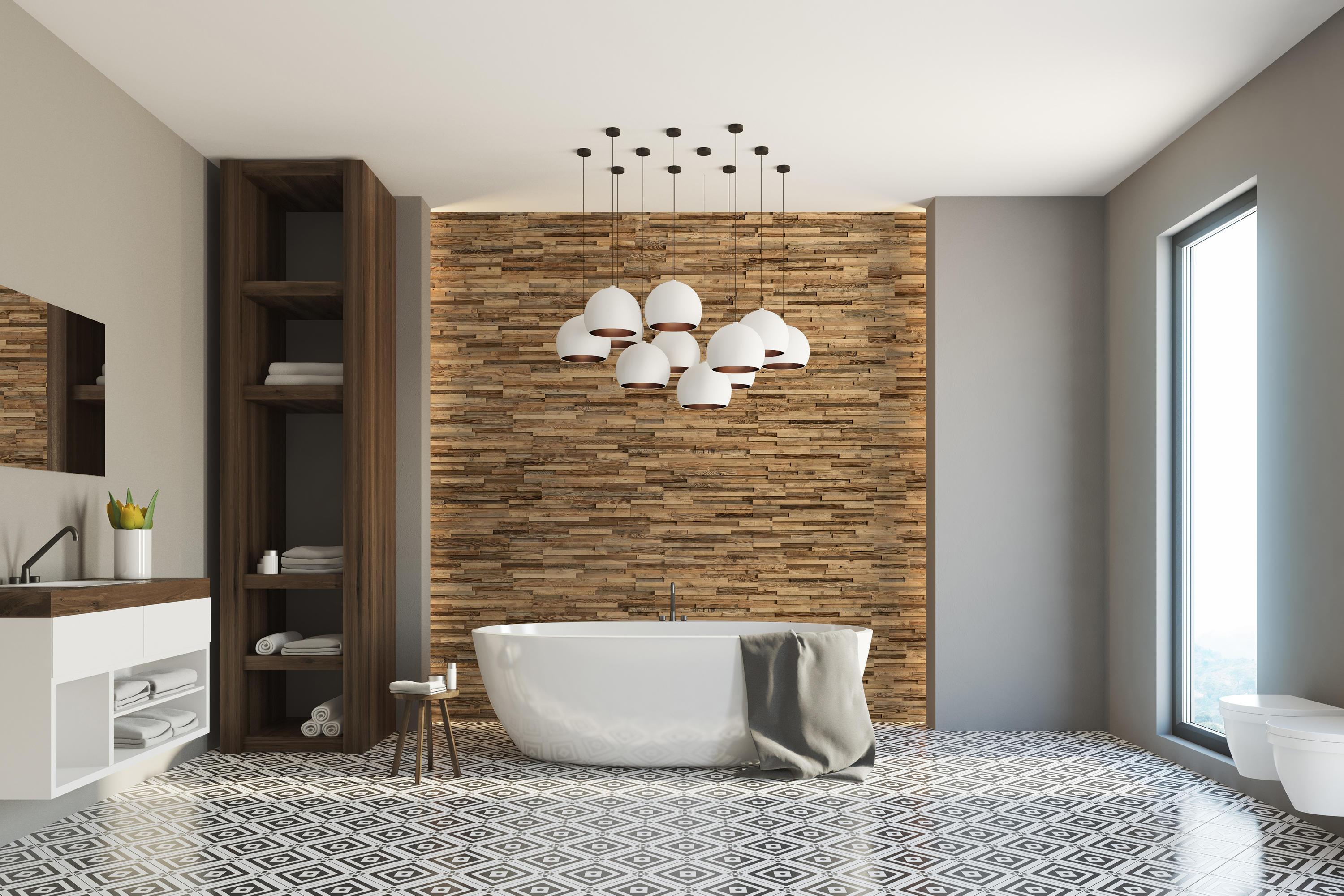 Incorporate wooden wall panels for a cozy wooden bathroom ambiance