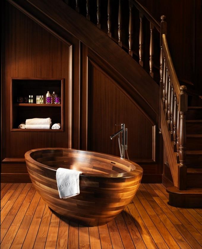 Choose ​warm wood tones for a cozy wooden bathroom atmosphere