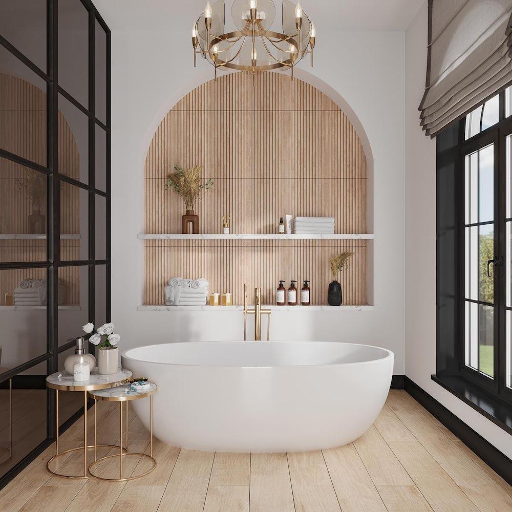 Opt for wooden bathroom walls for a stunning ​natural aesthetic