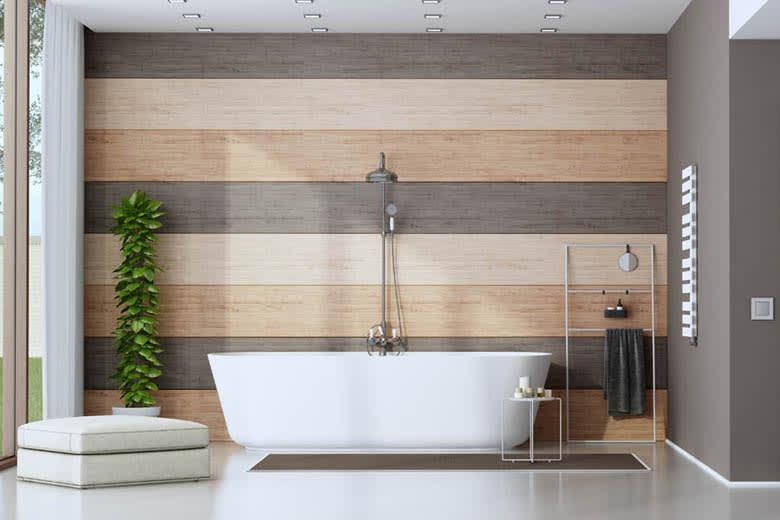 Incorporate wood paneling for a cozy, inviting wooden bathroom atmosphere