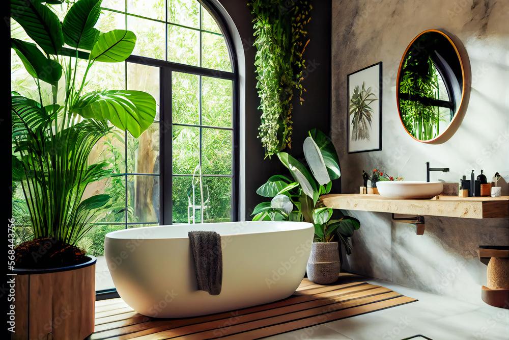 Plants infuse life and color into your eclectic bathroom design