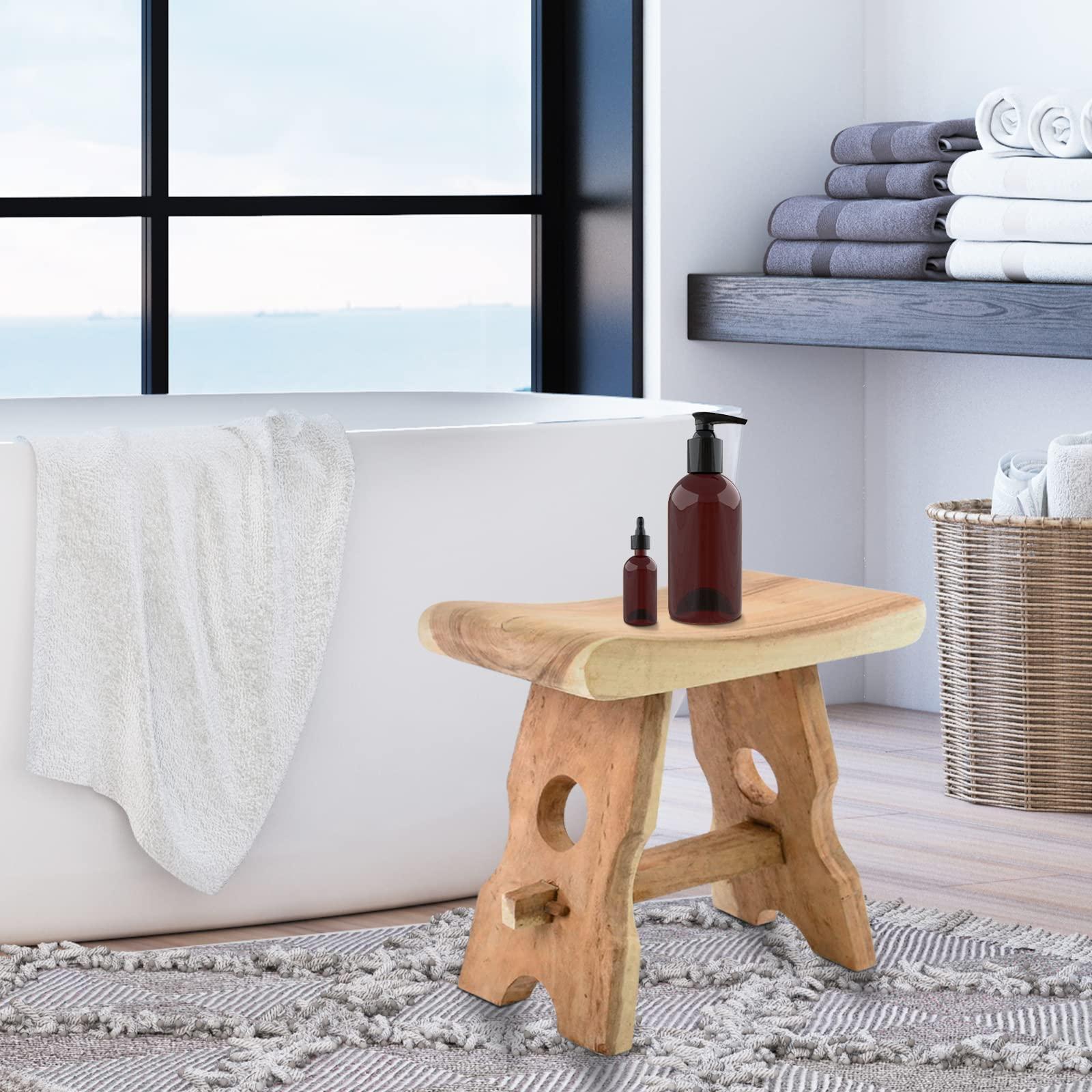 Add a wooden stool for a functional touch in your wooden bathroom