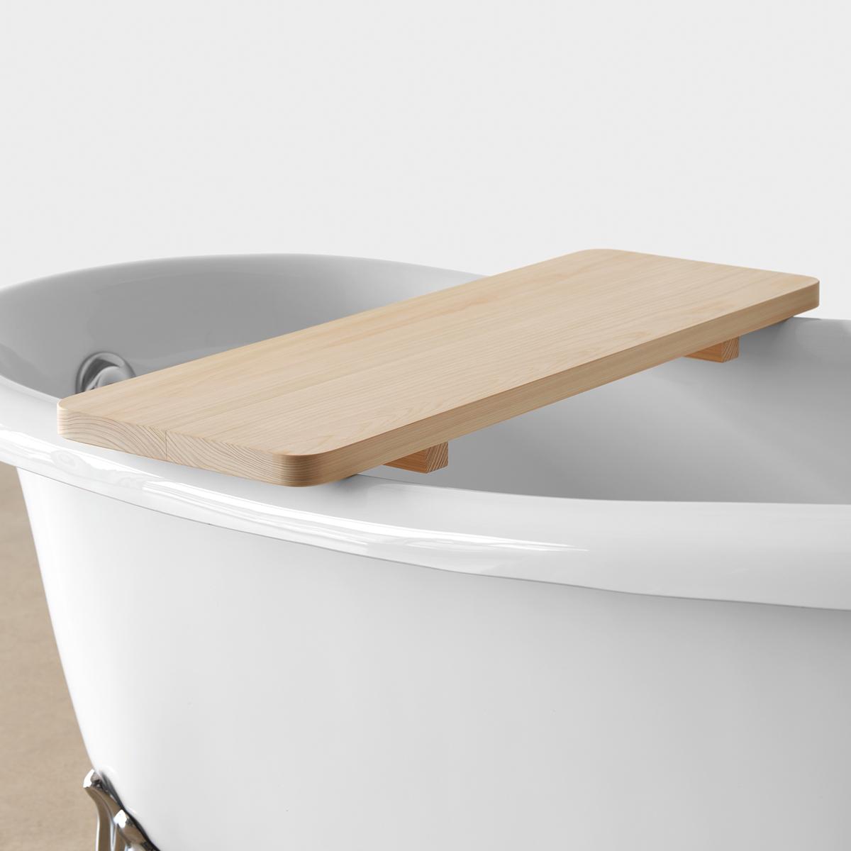 Feature a wooden bath caddy for relaxation and convenience