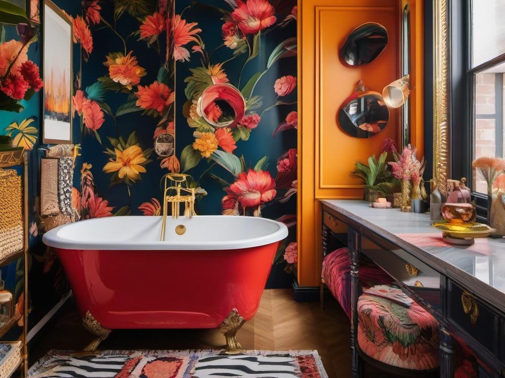 Use a bold wallpaper pattern to define your eclectic bathroom style