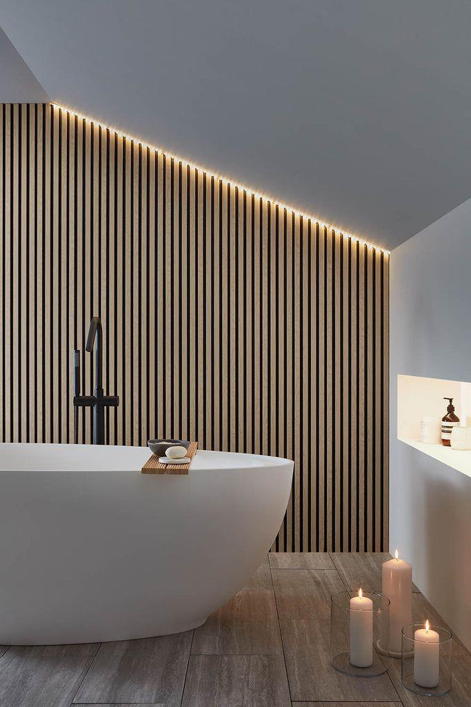 Add warmth with wooden bathroom wall paneling