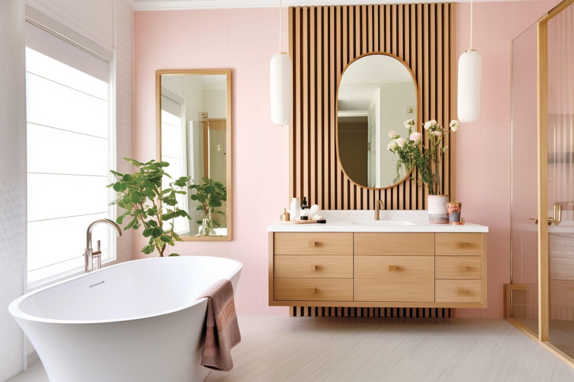 Mix natural wood tones for a cohesive wooden bathroom