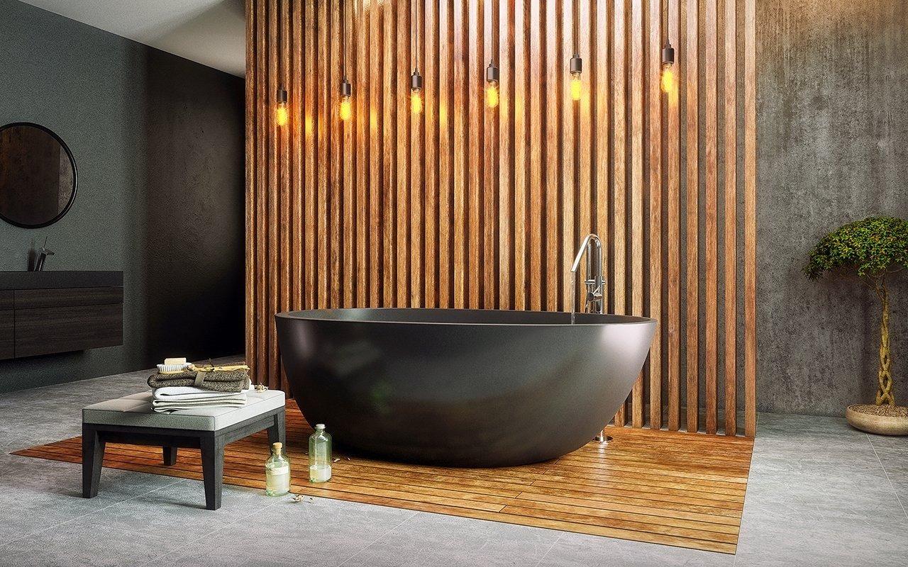 Incorporate a freestanding wooden bathtub for a luxurious touch