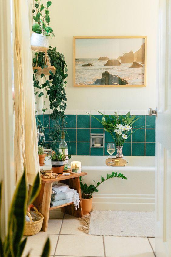 Introduce plants to soften the eclectic bathrooms aesthetic and improve air quality