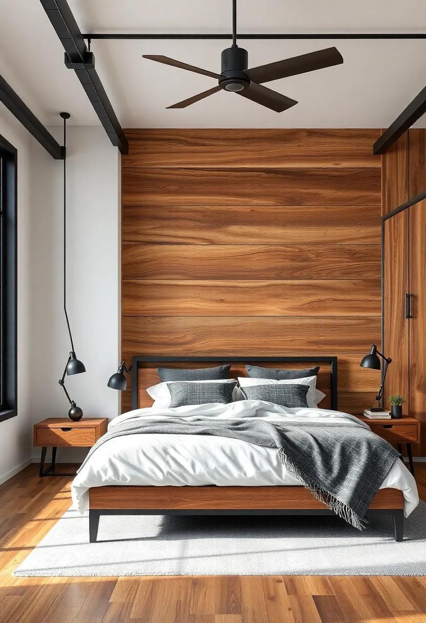 Blending Elements: The Allure of an Industrial Bedroom with Wood and Metal Accents