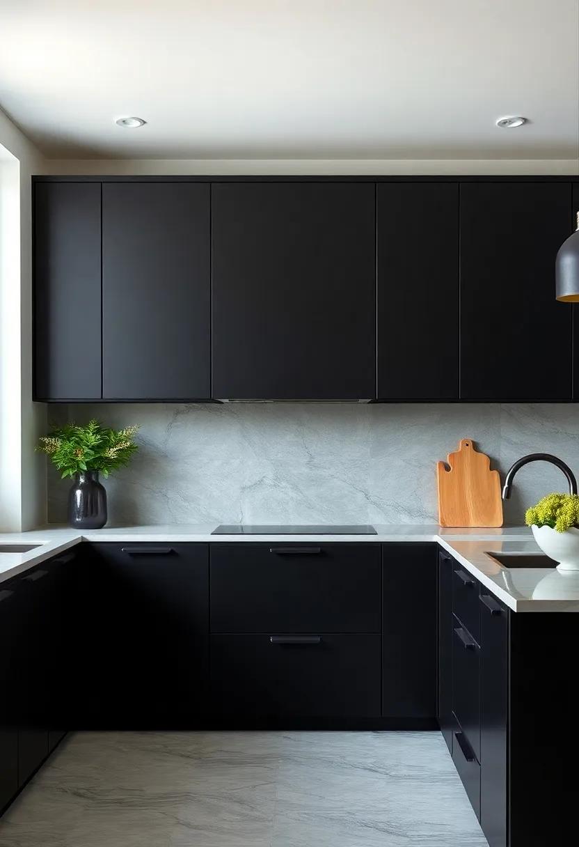 Incorporating Natural Textures ‌with Black cabinetry