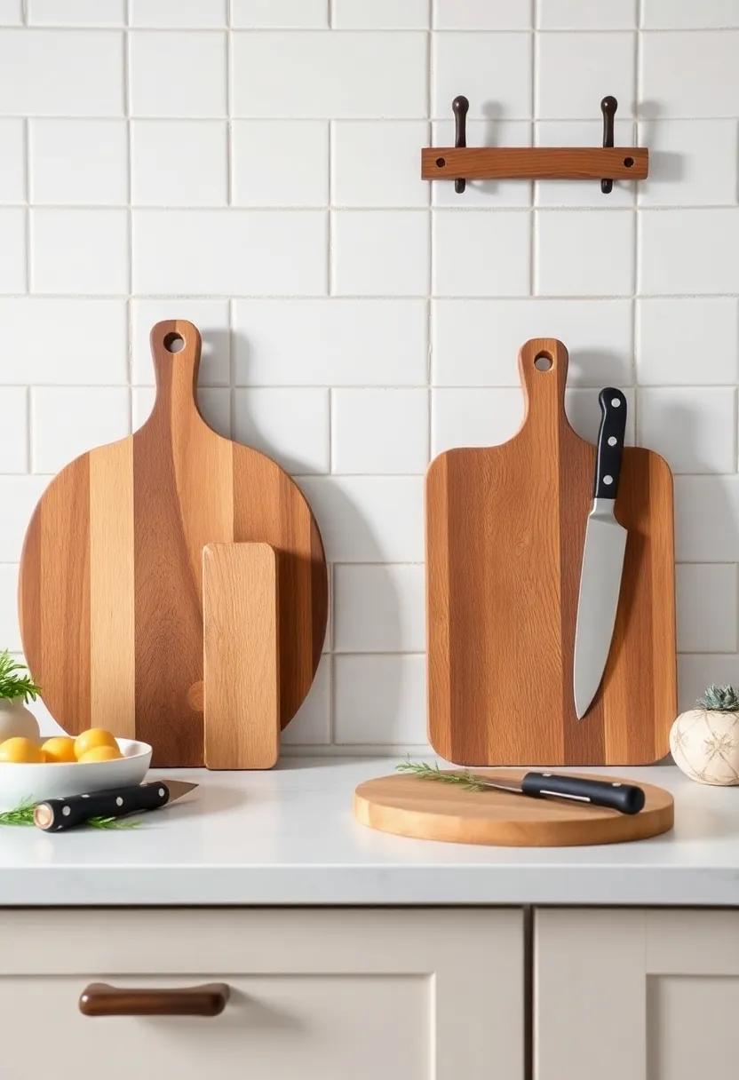 Elegant Wooden Cutting Boards Displayed‌ with Artisan Knives Against⁢ a Tile Backdrop