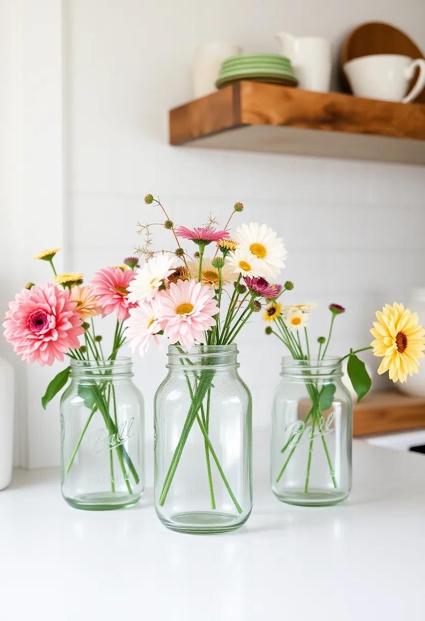 Classic Mason Jars Brimming with Seasonal Flowers ‍Bringing Life to the Counter