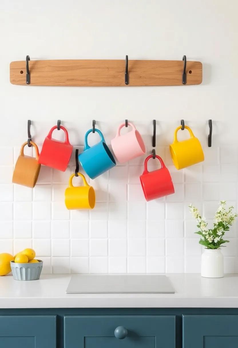 Brightly ⁤Colored ‌Vintage ⁤mugs Hung Strategically⁢ to Add a Playful Element