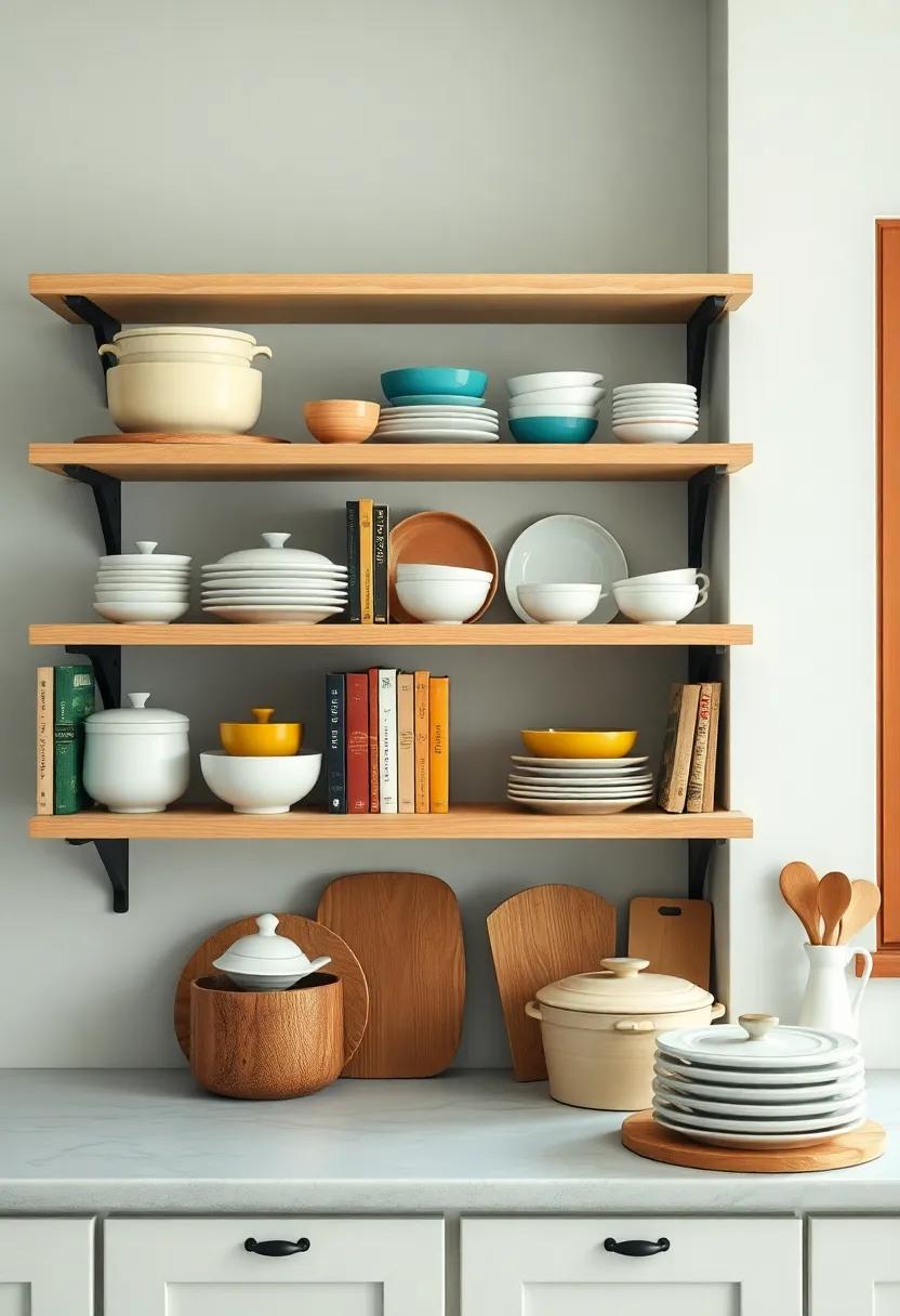 Stylish‌ Open Shelves Showcasing Colorful cookbooks and Charming⁣ Dishware