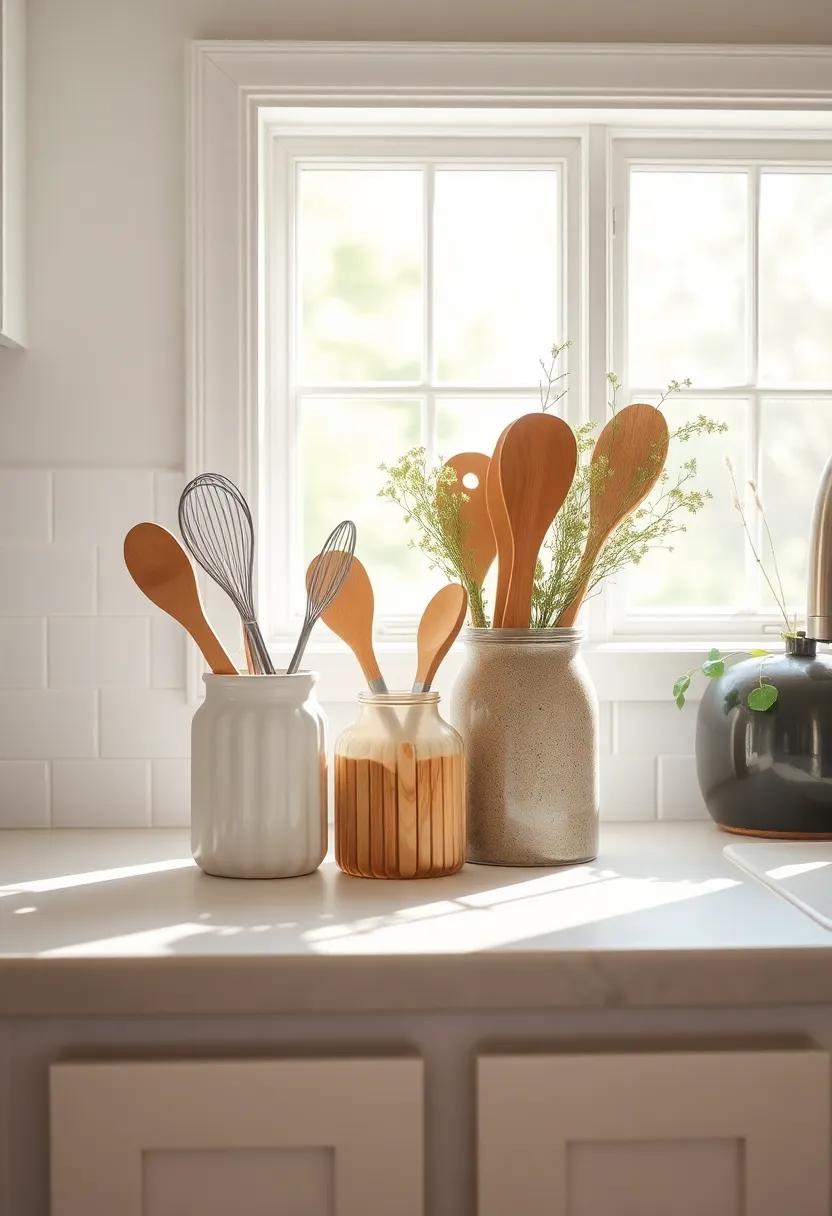 Whimsical Farmhouse-Style Utensil Holders Adorning a Sunlit Kitchen ‌Counter