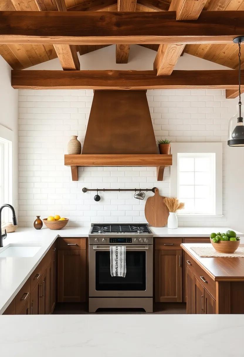 Rustic Wooden⁢ Beams and Cozy Textiles Creating Warmth Above ‌Kitchen Counters